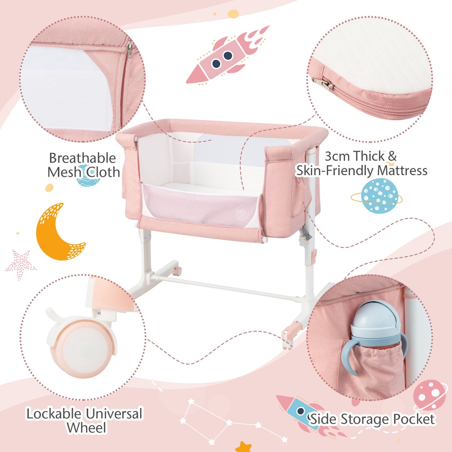 3-In-1 Adjustable Baby Bedside Bassinet with Mattress