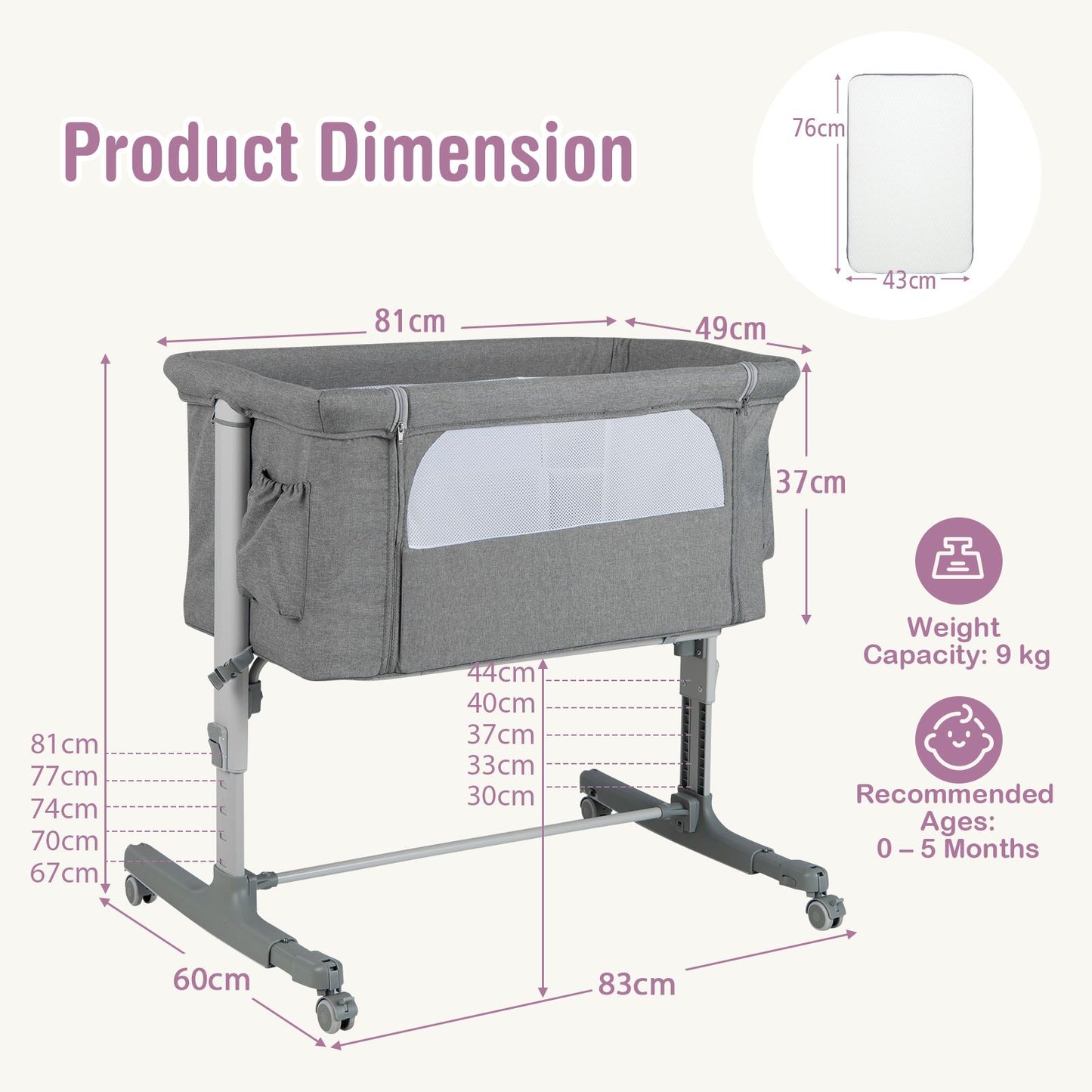 3-In-1 Adjustable Baby Bedside Bassinet with Mattress