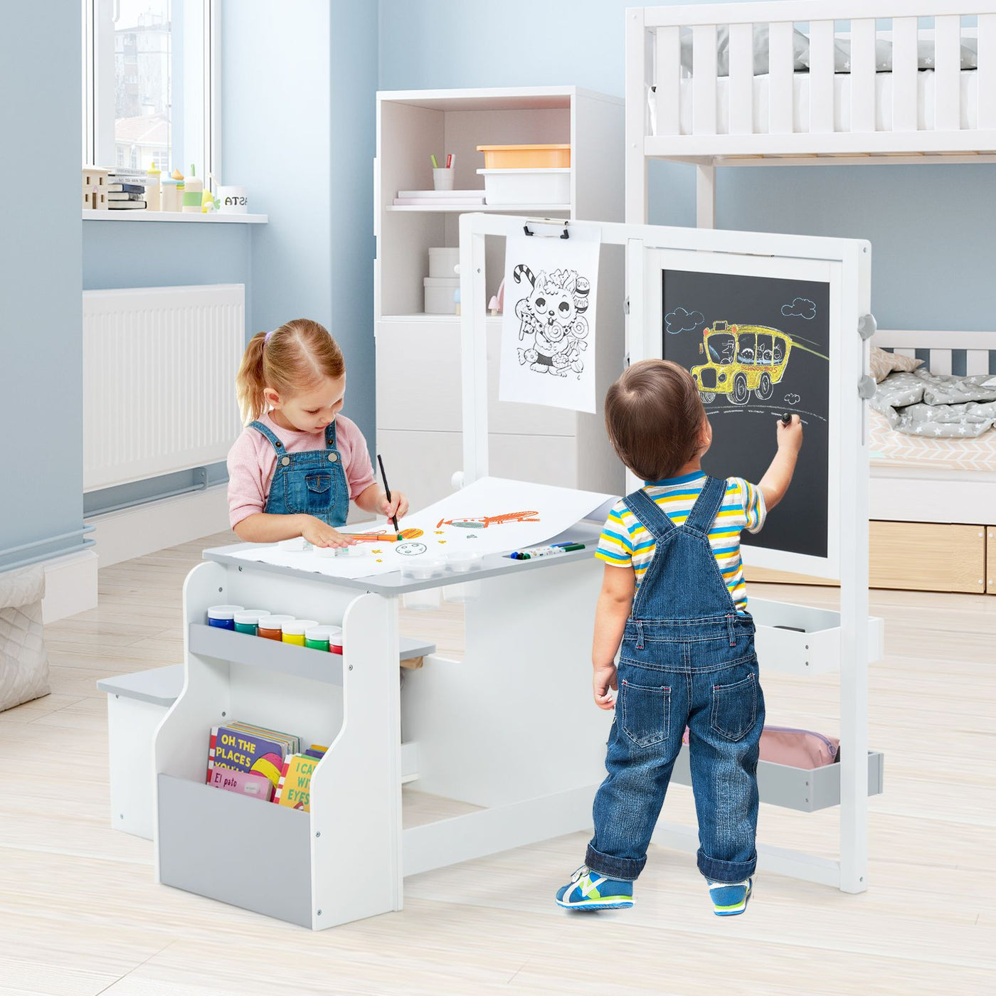 Kids Art Easel Table and Bench Set with Adjustable Easel and Bookshelf