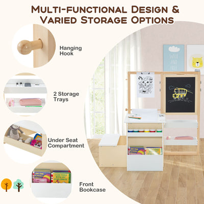 Kids Art Easel Table and Bench Set with Adjustable Easel and Bookshelf