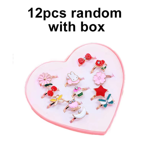 10/20/36 Pcs Cute Adjustable Rings Children Girls Pretend Play Makeup Toys Cartoon Crystal Jewelry Alloy Animal Enamel Ring