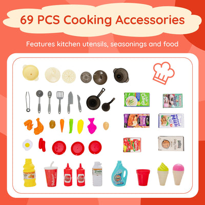 69 Pieces Kids Kitchen Playset Toy with Boiling and Vapor Effects