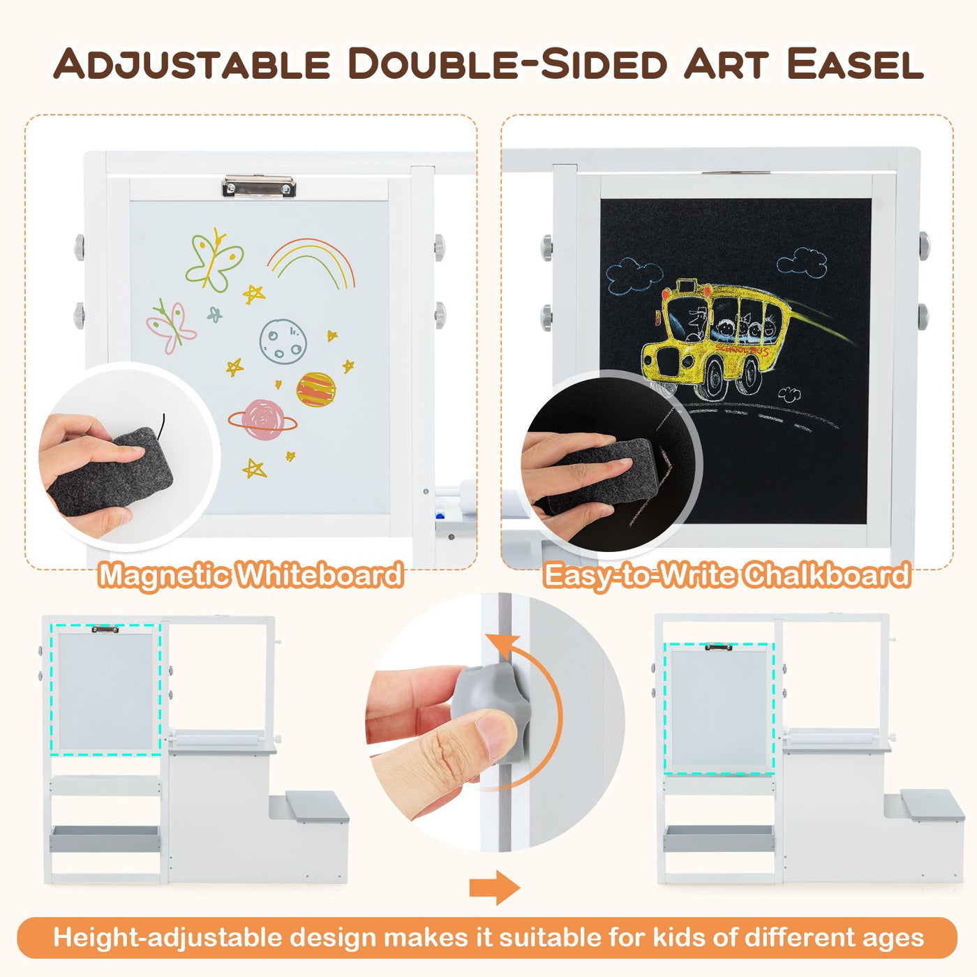 Kids Art Easel Table and Bench Set with Adjustable Easel and Bookshelf