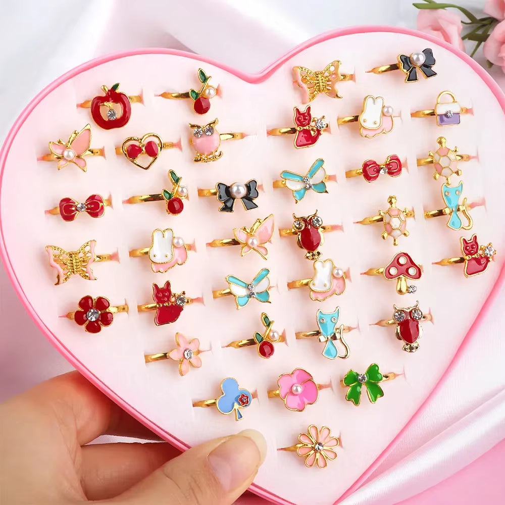 10/20/36 Pcs Cute Adjustable Rings Children Girls Pretend Play Makeup Toys Cartoon Crystal Jewelry Alloy Animal Enamel Ring
