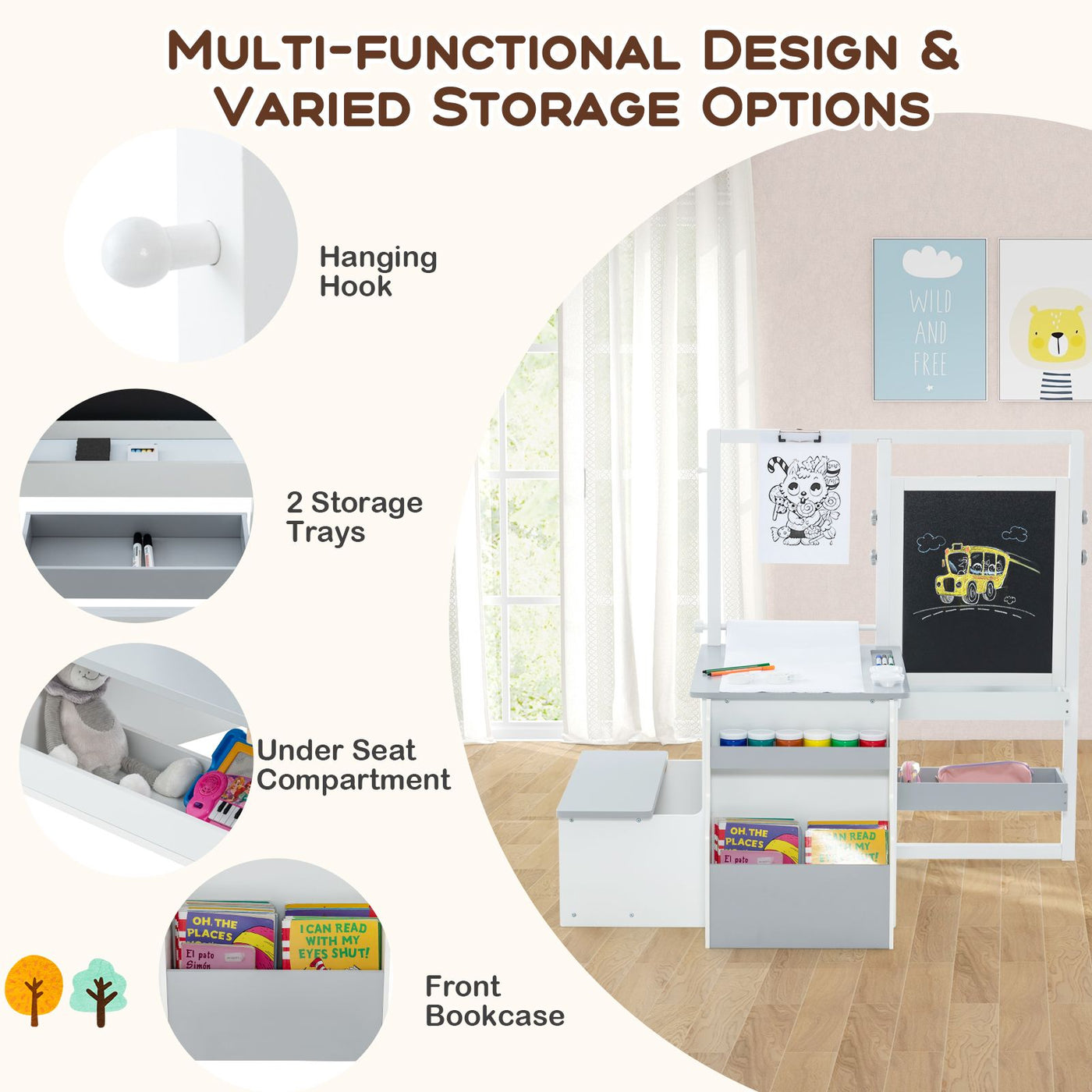 Kids Art Easel Table and Bench Set with Adjustable Easel and Bookshelf
