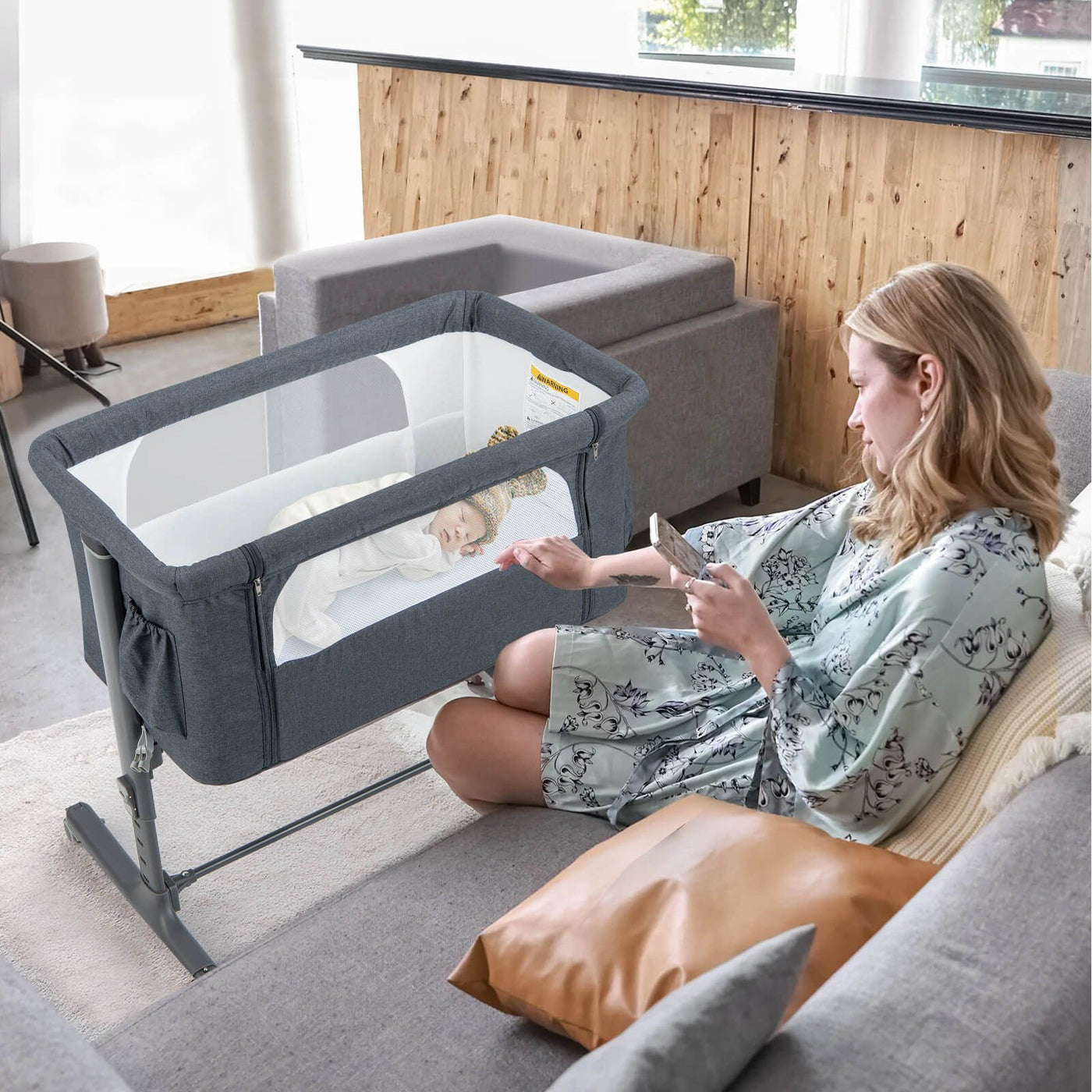 3-In-1 Adjustable Baby Bedside Bassinet with Mattress
