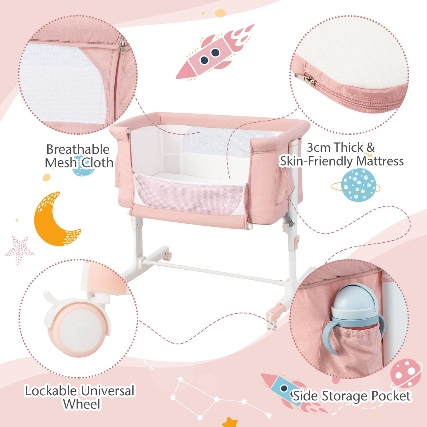 3-In-1 Adjustable Baby Bedside Bassinet with Mattress