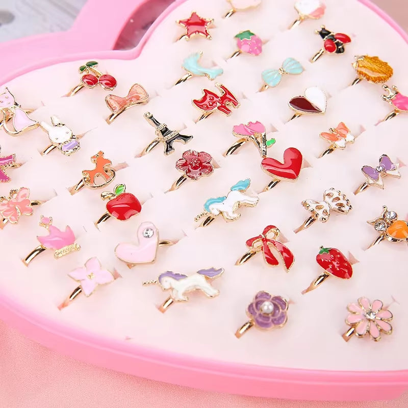 10/20/36 Pcs Cute Adjustable Rings Children Girls Pretend Play Makeup Toys Cartoon Crystal Jewelry Alloy Animal Enamel Ring