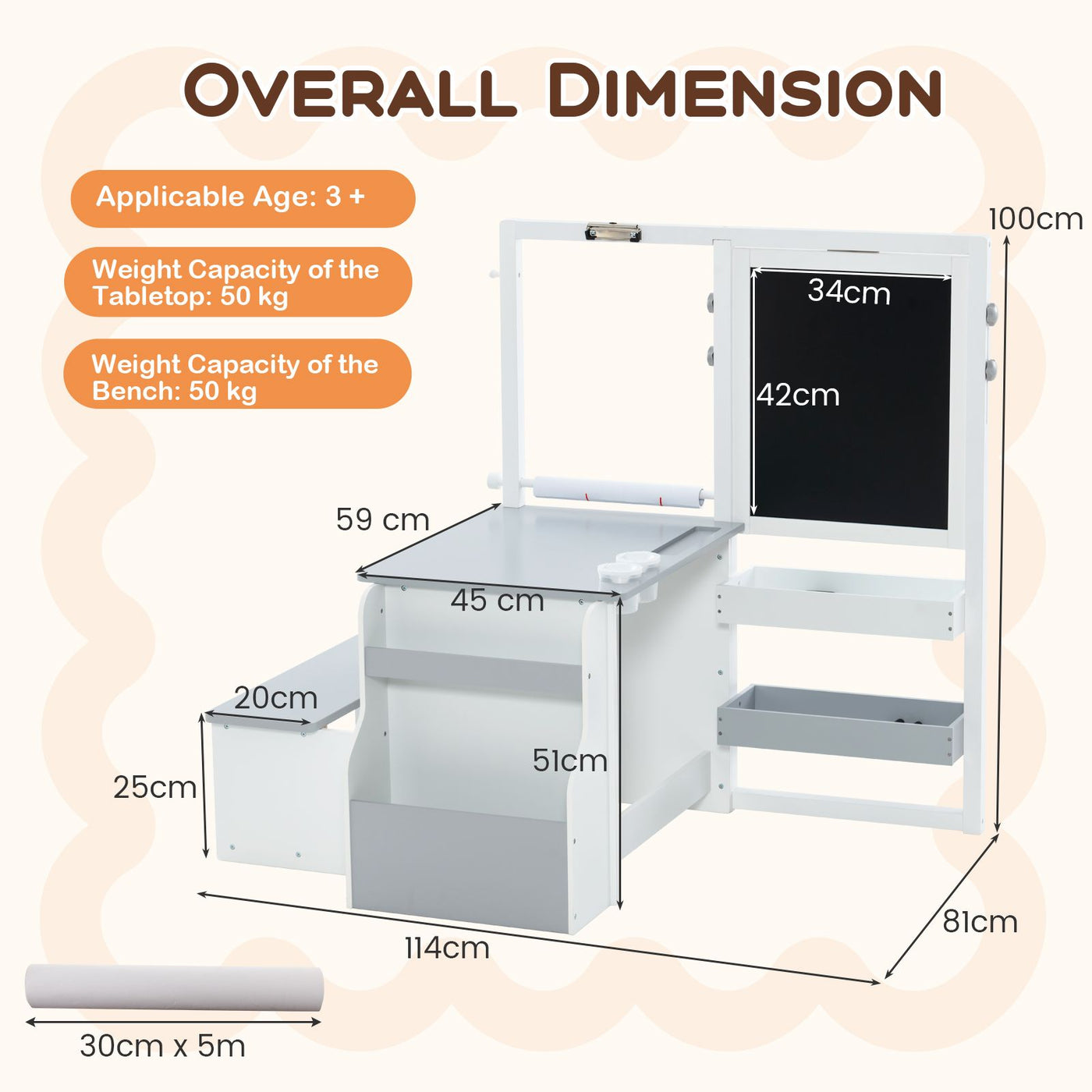 Kids Art Easel Table and Bench Set with Adjustable Easel and Bookshelf
