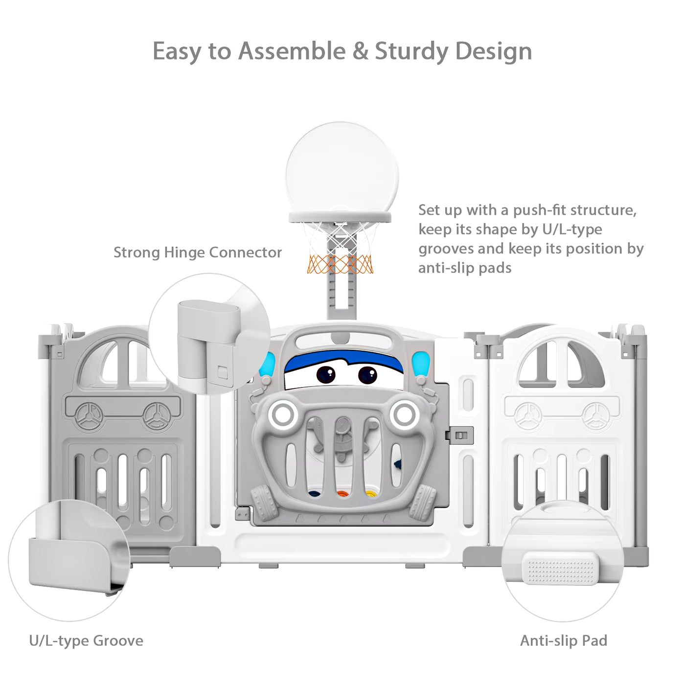 Foldable Baby Playpen with Basketball Hoop & 50Pcs Coloured Pit Balls, Toddler and Baby Play Pen Fence, 14-Panel
