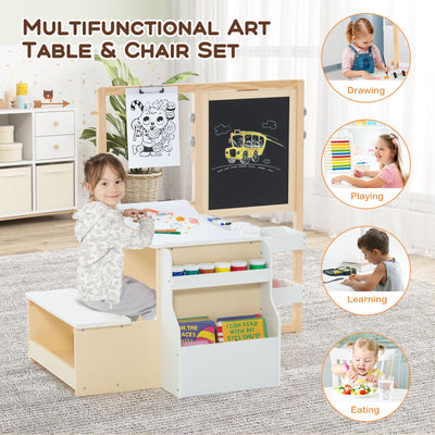 Kids Art Easel Table and Bench Set with Adjustable Easel and Bookshelf