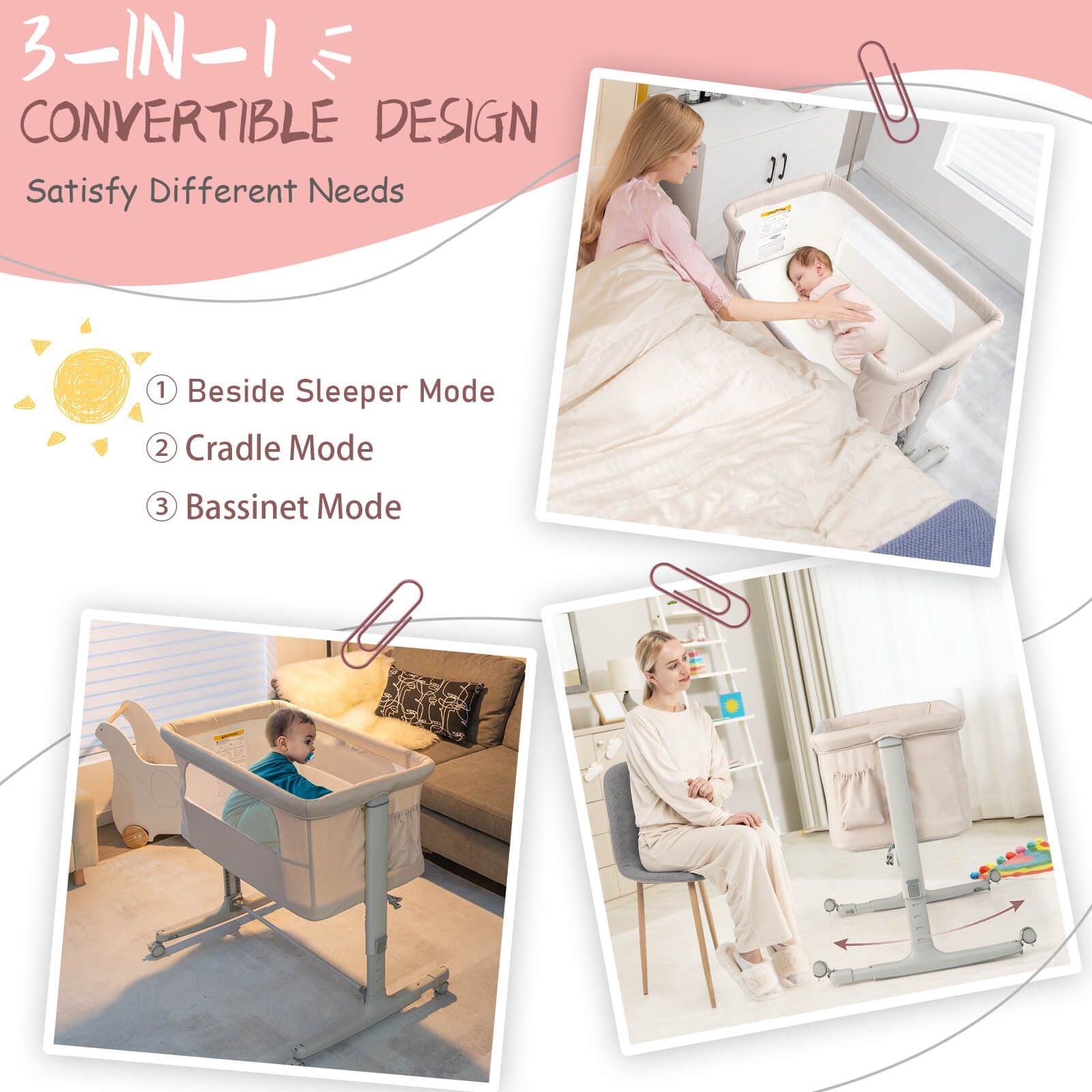 3-In-1 Adjustable Baby Bedside Bassinet with Mattress