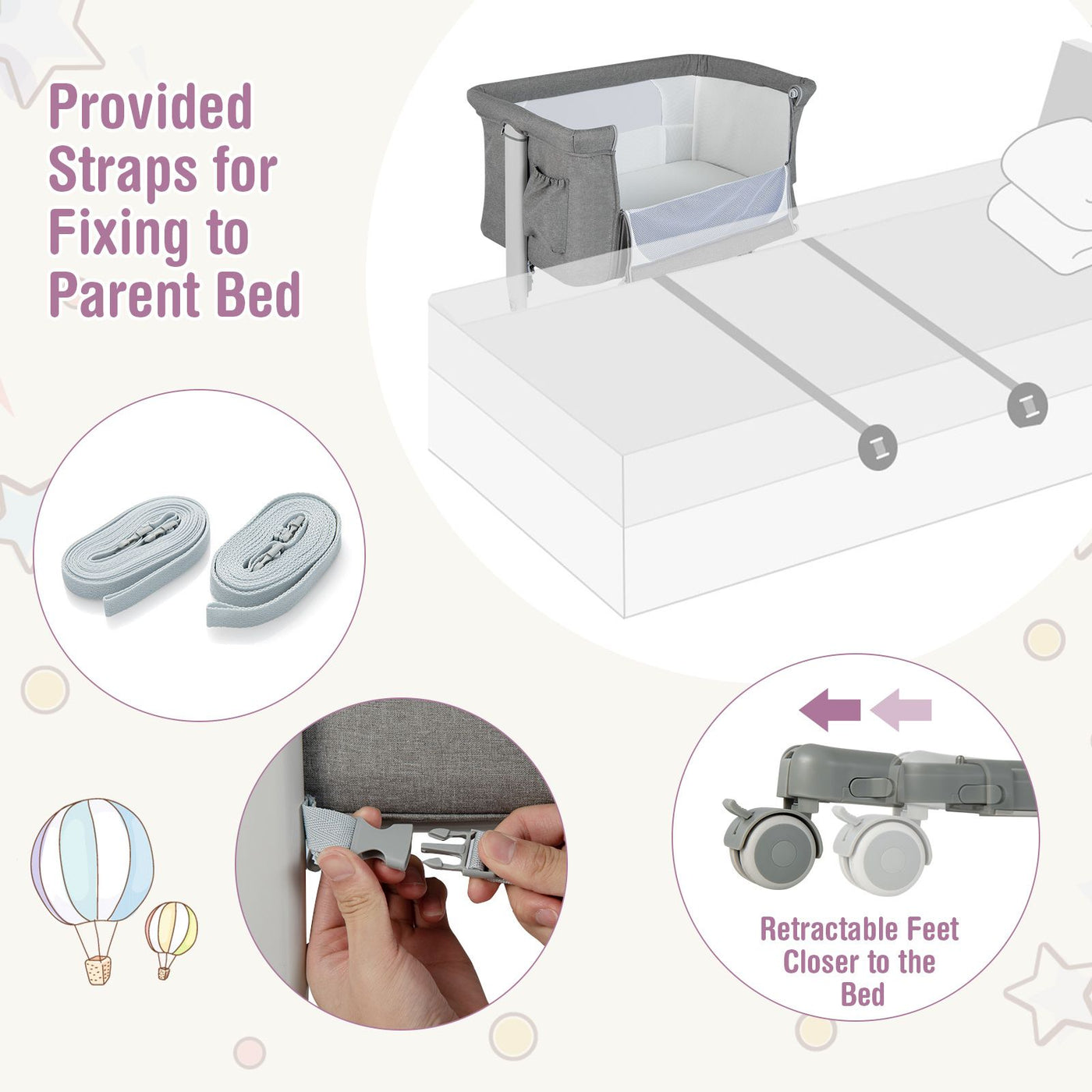 3-In-1 Adjustable Baby Bedside Bassinet with Mattress