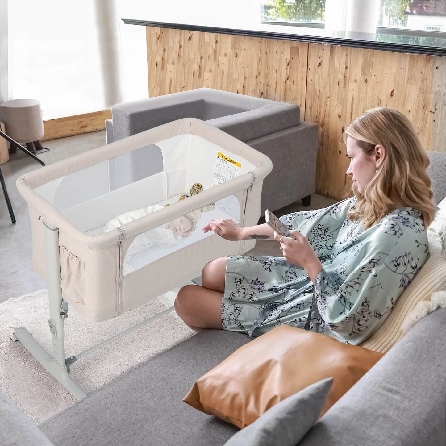 3-In-1 Adjustable Baby Bedside Bassinet with Mattress
