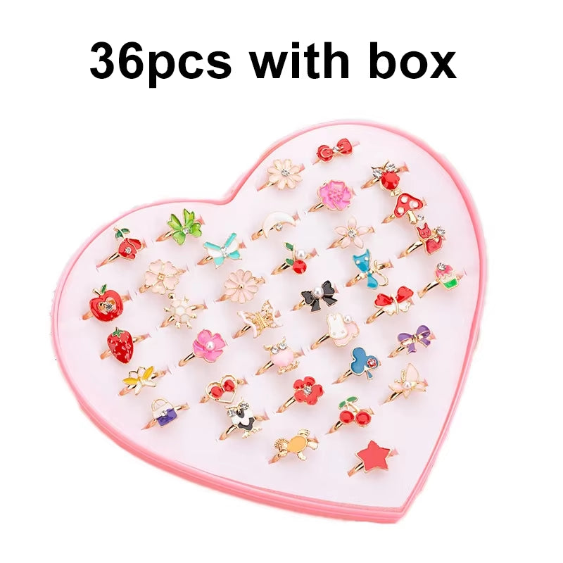 10/20/36 Pcs Cute Adjustable Rings Children Girls Pretend Play Makeup Toys Cartoon Crystal Jewelry Alloy Animal Enamel Ring