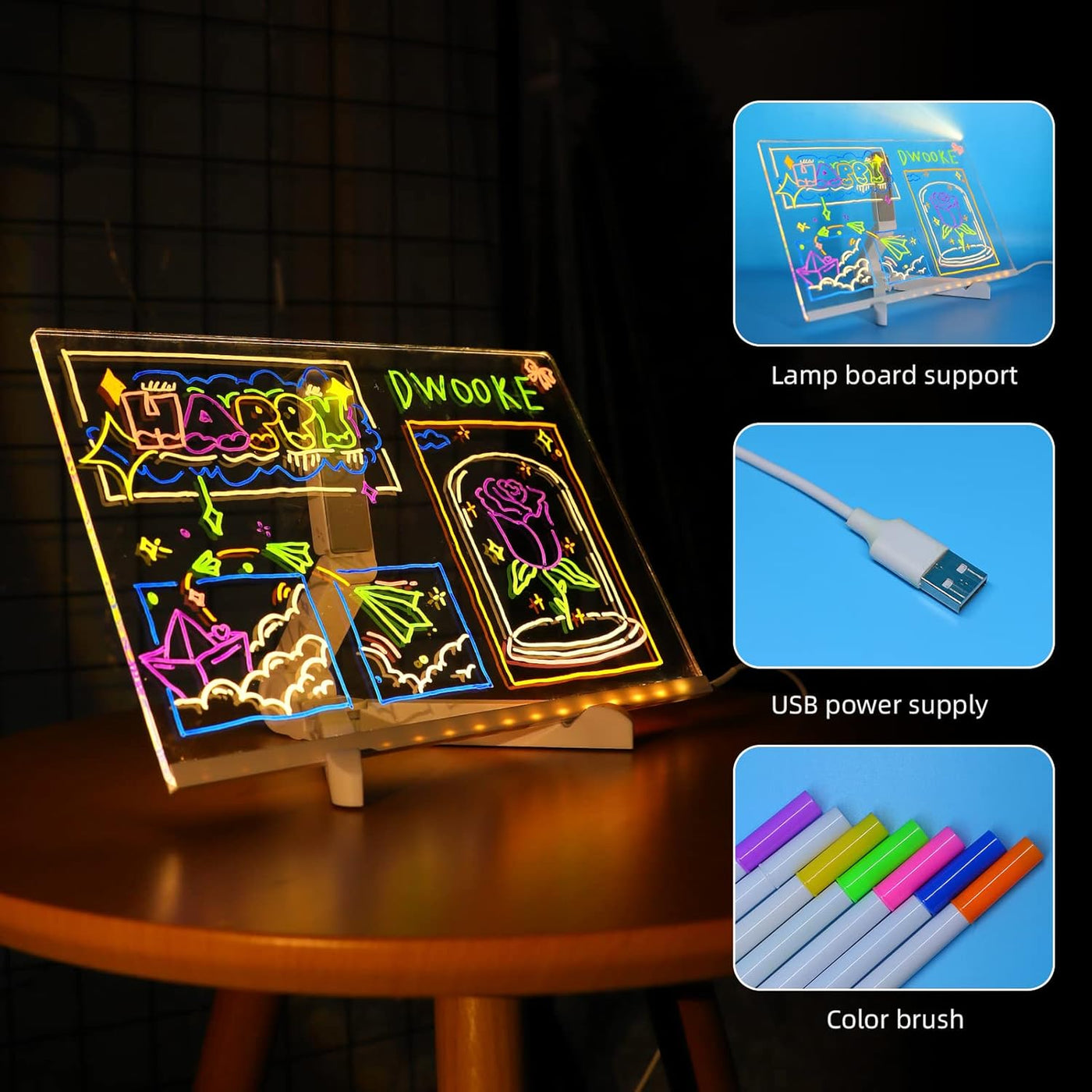 Blu Bebe LED Drawing Board with 7 Colors Pen/Stand,Acrylic Dry Erase Board,Art Creative Desktop Illuminated Wordpad