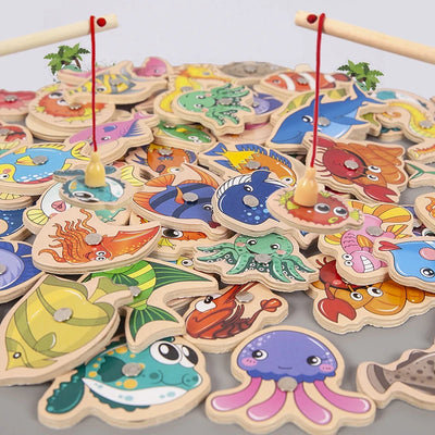 Montessori Wooden Fishing Toys for Children Magnetic Marine Life Cognition Fish Games Parent-Child Interactive Educational Toy