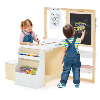 Kids Art Easel Table and Bench Set with Adjustable Easel and Bookshelf
