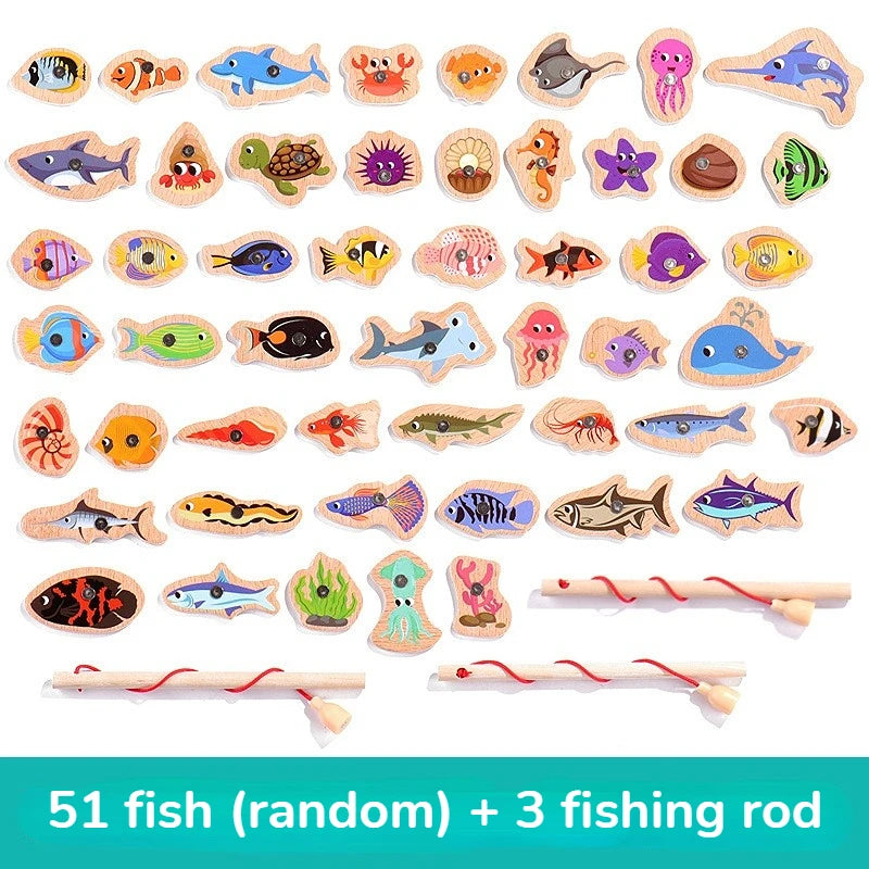 Montessori Wooden Fishing Toys for Children Magnetic Marine Life Cognition Fish Games Parent-Child Interactive Educational Toy