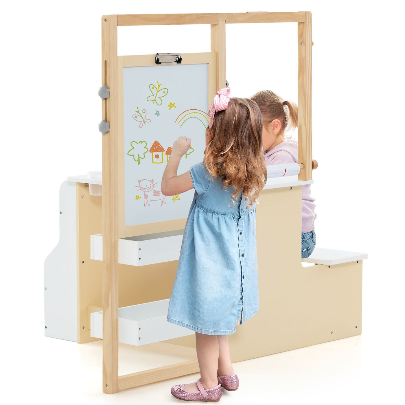 Kids Art Easel Table and Bench Set with Adjustable Easel and Bookshelf