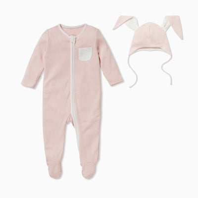 Blush Stripe Clever Zip Sleepsuit & Bunny Bonnet Set