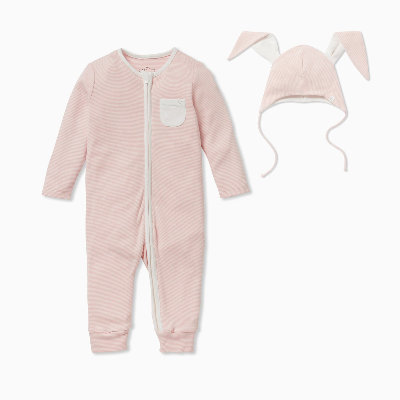 Blush Stripe Clever Zip Sleepsuit & Bunny Bonnet Set