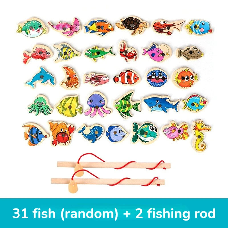 Montessori Wooden Fishing Toys for Children Magnetic Marine Life Cognition Fish Games Parent-Child Interactive Educational Toy
