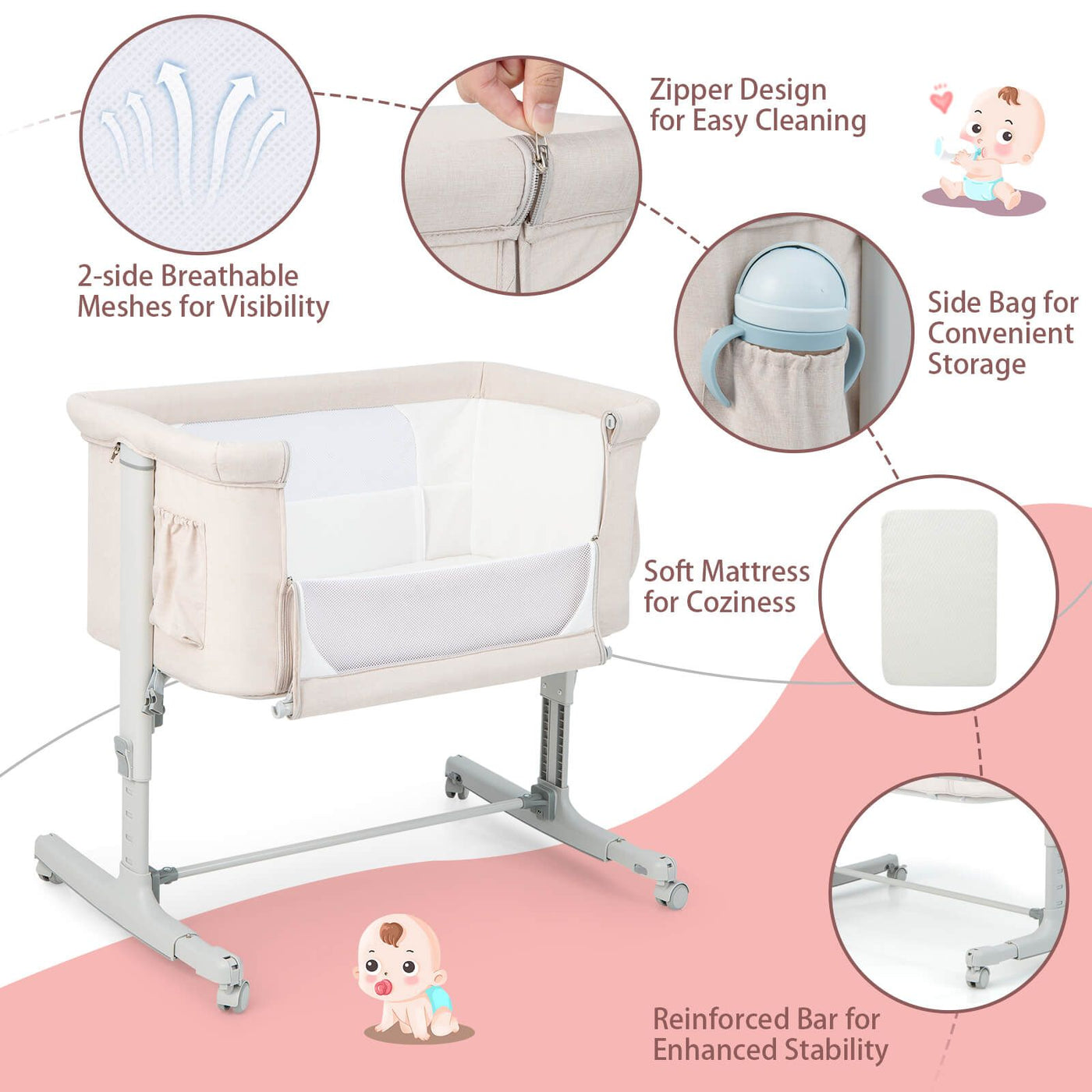 3-In-1 Adjustable Baby Bedside Bassinet with Mattress