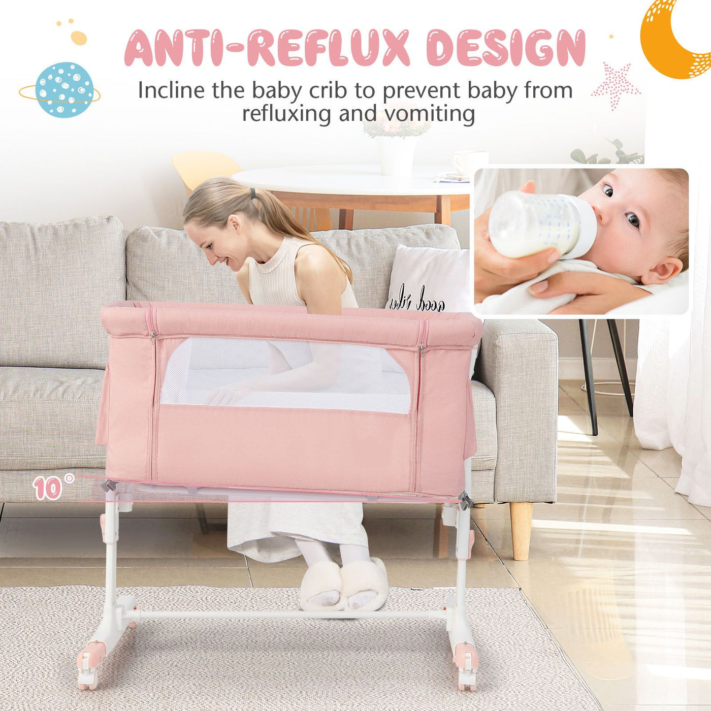 3-In-1 Adjustable Baby Bedside Bassinet with Mattress