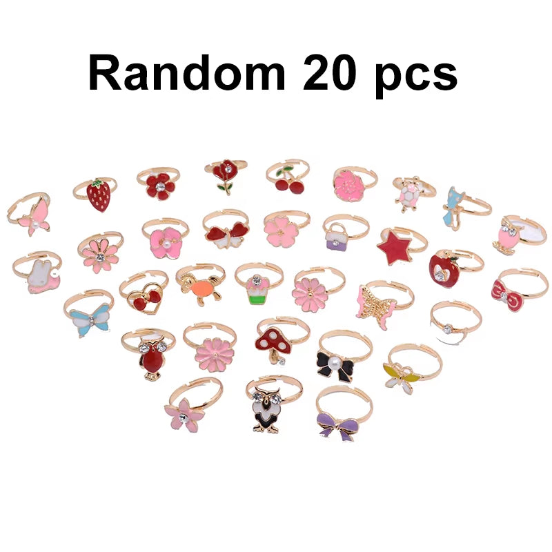 10/20/36 Pcs Cute Adjustable Rings Children Girls Pretend Play Makeup Toys Cartoon Crystal Jewelry Alloy Animal Enamel Ring