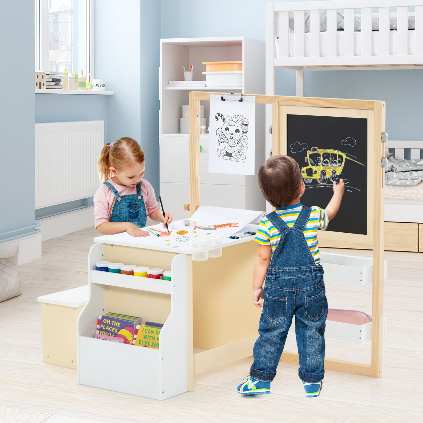 Kids Art Easel Table and Bench Set with Adjustable Easel and Bookshelf