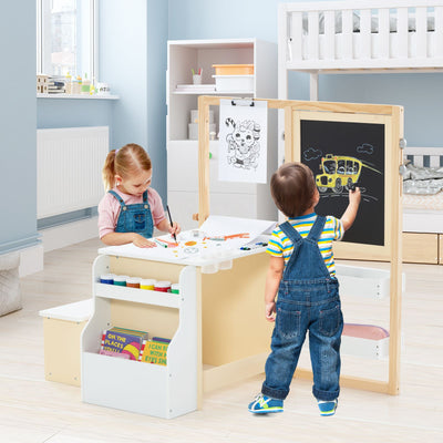 Kids Art Easel Table and Bench Set with Adjustable Easel and Bookshelf