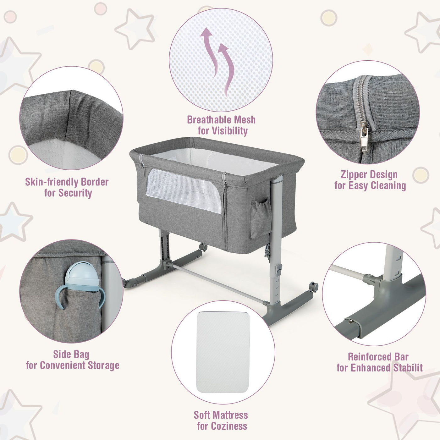 3-In-1 Adjustable Baby Bedside Bassinet with Mattress