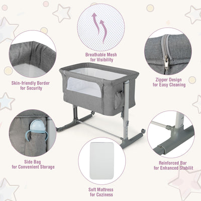 3-In-1 Adjustable Baby Bedside Bassinet with Mattress