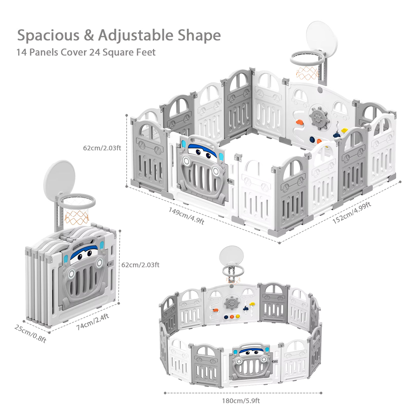 Foldable Baby Playpen with Basketball Hoop & 50Pcs Coloured Pit Balls, Toddler and Baby Play Pen Fence, 14-Panel