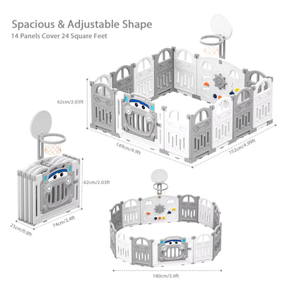Foldable Baby Playpen with Basketball Hoop & 50Pcs Coloured Pit Balls, Toddler and Baby Play Pen Fence, 14-Panel