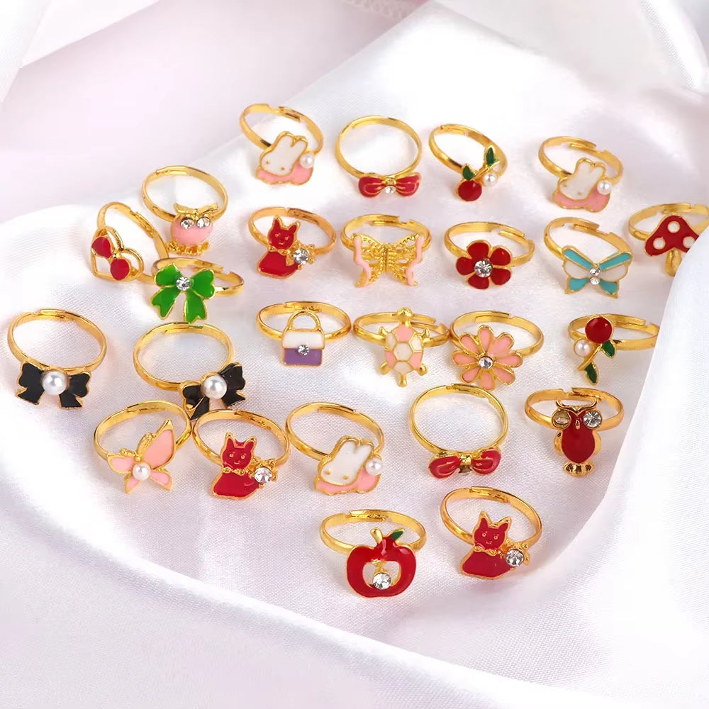 10/20/36 Pcs Cute Adjustable Rings Children Girls Pretend Play Makeup Toys Cartoon Crystal Jewelry Alloy Animal Enamel Ring