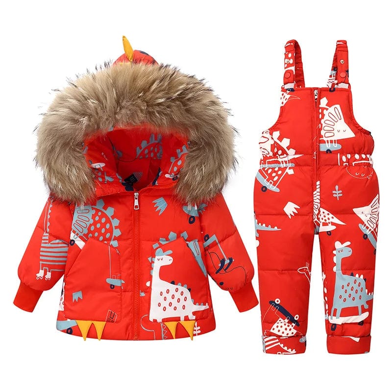 Dinosaur Print Puffer Jacket and Overalls Set