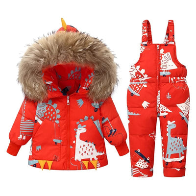 Dinosaur Print Puffer Jacket and Overalls Set