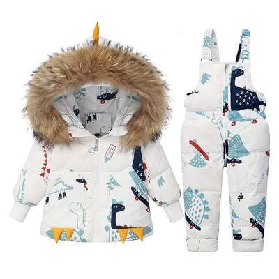 Dinosaur Print Puffer Jacket and Overalls Set