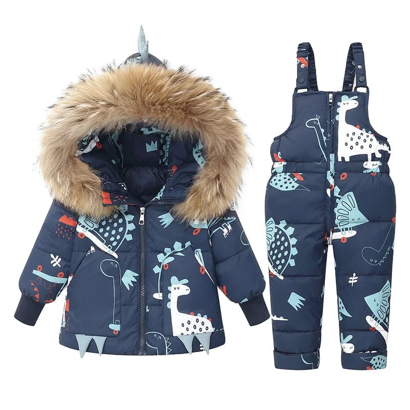 Dinosaur Print Puffer Jacket and Overalls Set