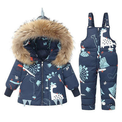 Dinosaur Print Puffer Jacket and Overalls Set
