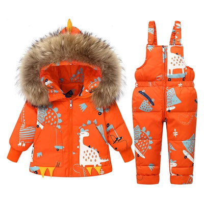 Dinosaur Print Puffer Jacket and Overalls Set